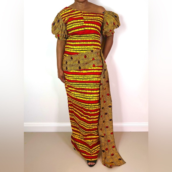 African Print Ankara Multicolor Statement Sleeve Maxi Dress - Picture 9 of 11
